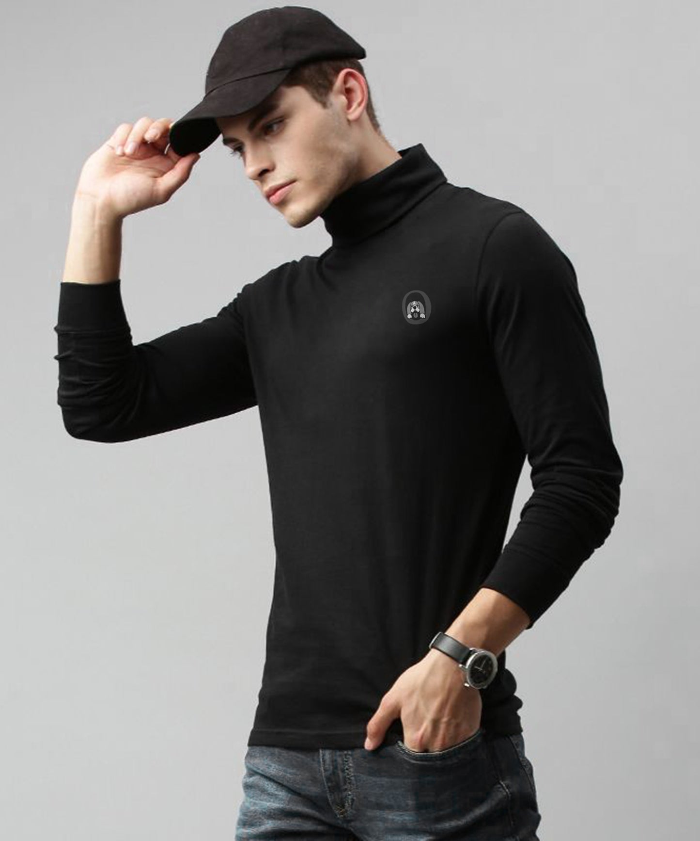 Men Full sleeve High Neck Tshirt-Black