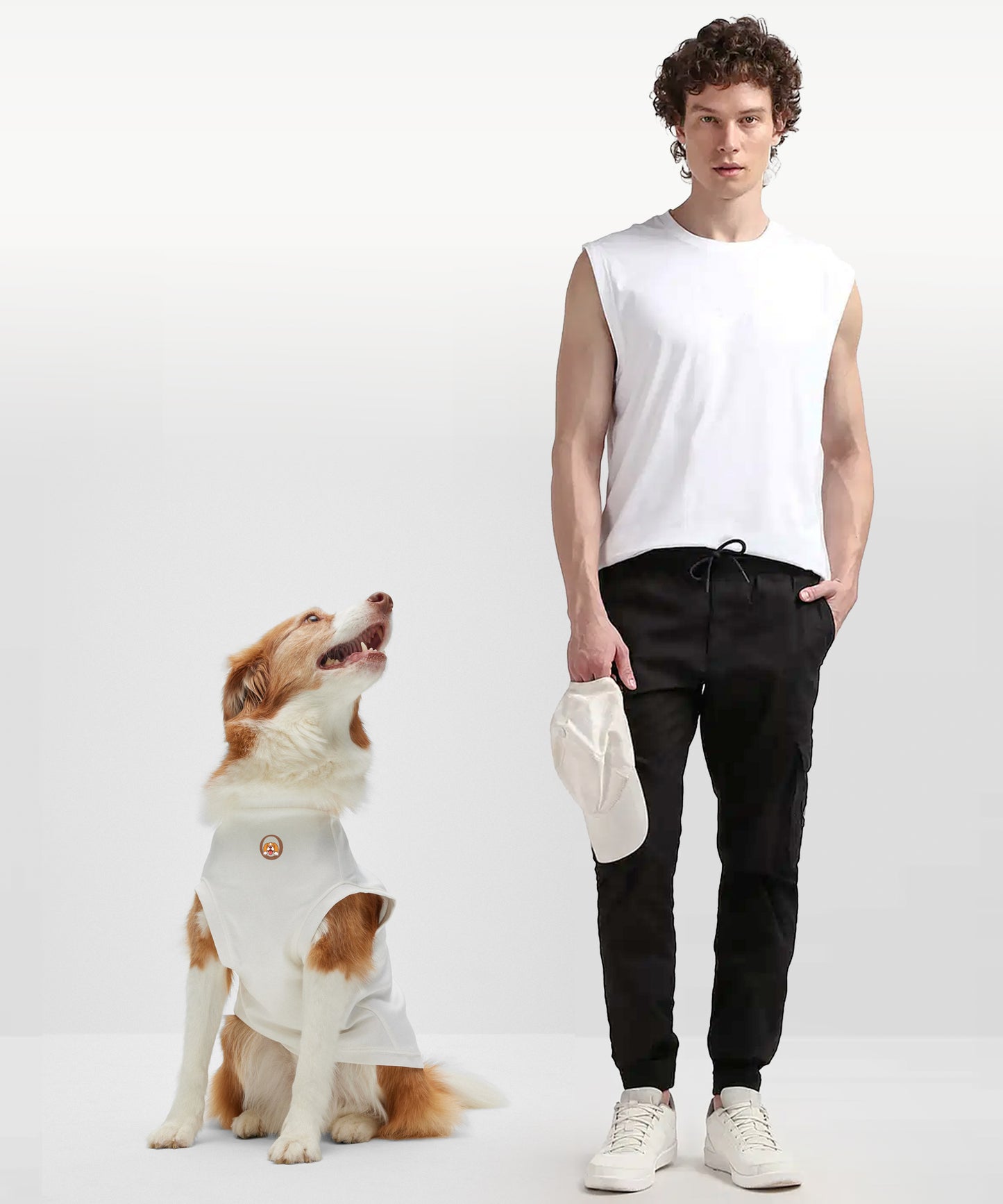 Twinning Men And Dog Sleeveless T-shirt- White