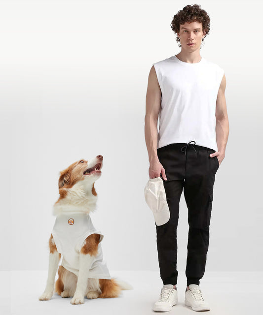 Twinning Men And Dog Sleeveless T-shirt- White